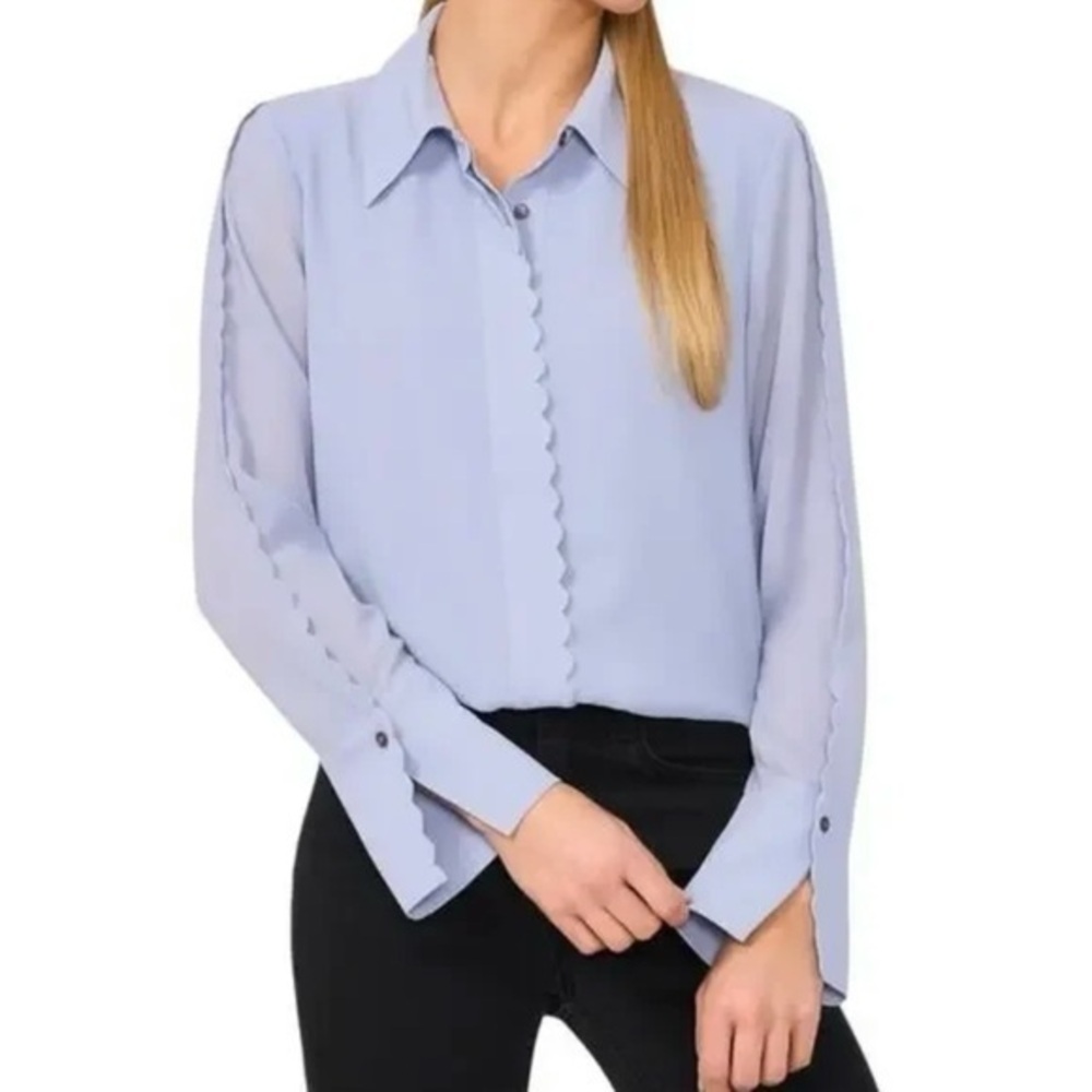 CeCe Women's Scalloped-Trim Collared Long-Sleeve Blouse in Slate Blue Size S